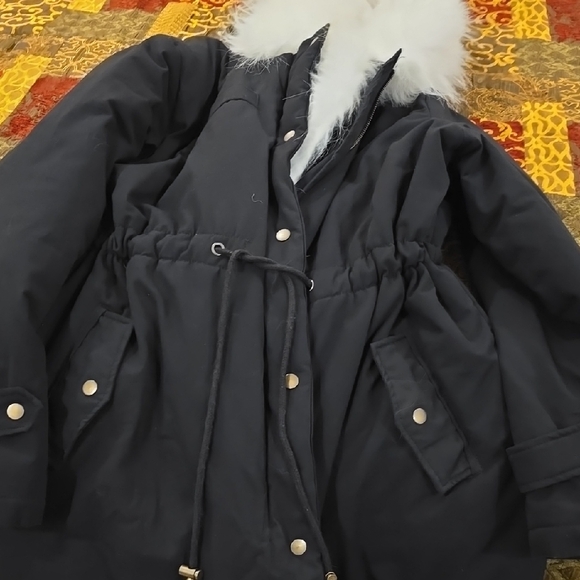Black Winter Parka Jacket with Faux Fur Hood - Picture 4 of 4